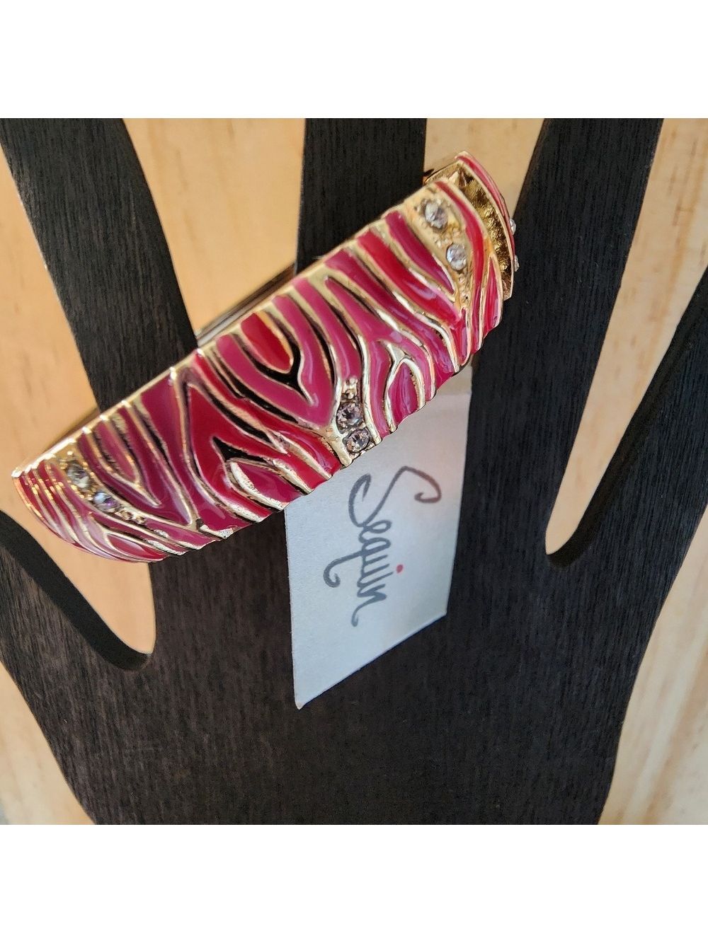 STUNNING Sequin™ Pink Zebra Enamel & Crystal Hinged Bangle Bracelet NWT - Picture 2 of 5